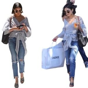 Wayf Beckett Tiered Bell Sleeve Top small striped blue